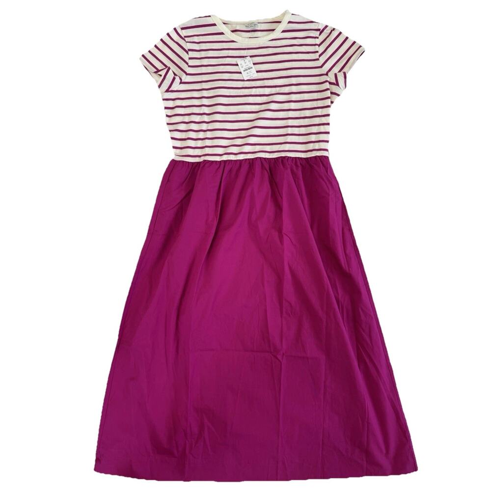 NEW J.CREW Purple White Striped Knit T-Shirt Midi Dress Pleated Short Sleeve L